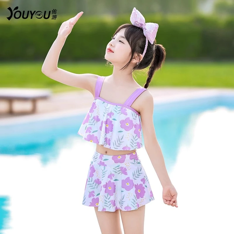 34144儿童吊带泳衣女孩分体专业训练甜美大童洋气高级女童游泳衣