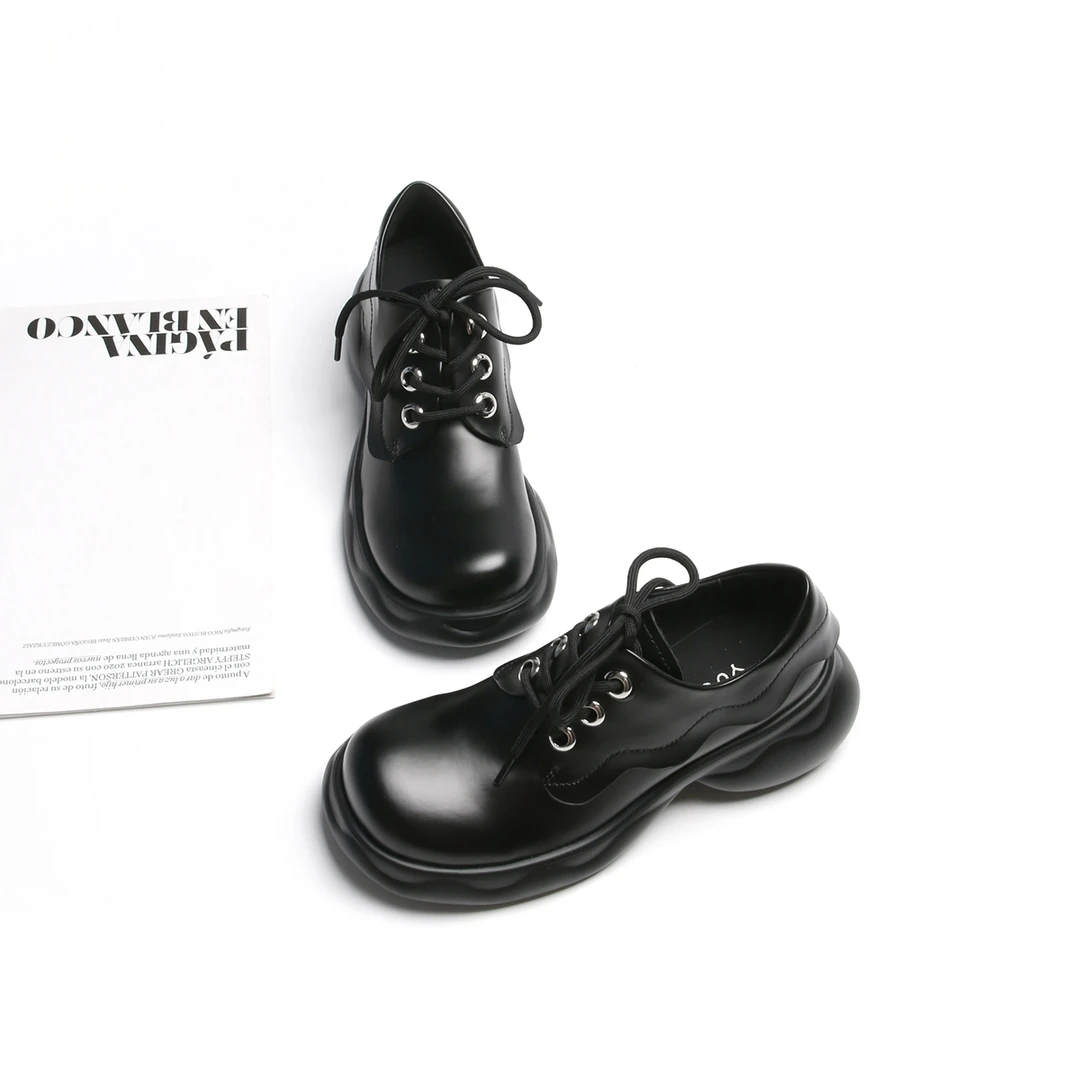 真皮小皮鞋女甜酷英伦风厚底鞋黑色单鞋松糕增高鞋6115-5