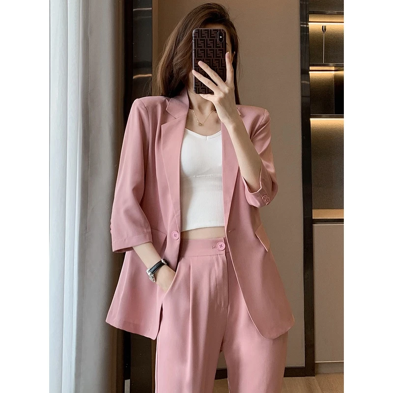 粉色西装外套女夏季薄款七分袖网红小个子上衣休闲西服套装工作服