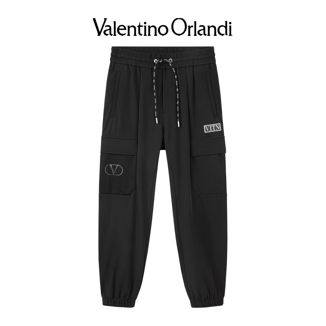 Valentino orlandi男士春秋A版时尚多口袋字母贴布绣束脚休闲长裤