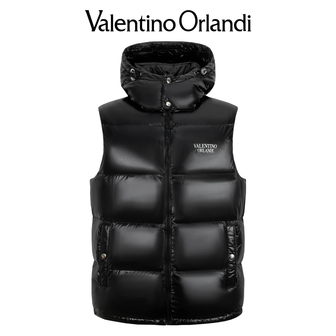 Valentino orlandi男士冬季A版时尚潮流撞色亮面可脱卸帽羽绒马甲