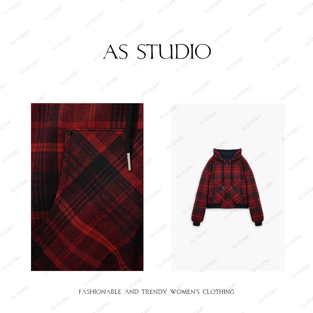 【AS花朝】24新时尚百搭加厚双面红格连帽鹅绒服AS24DWT559