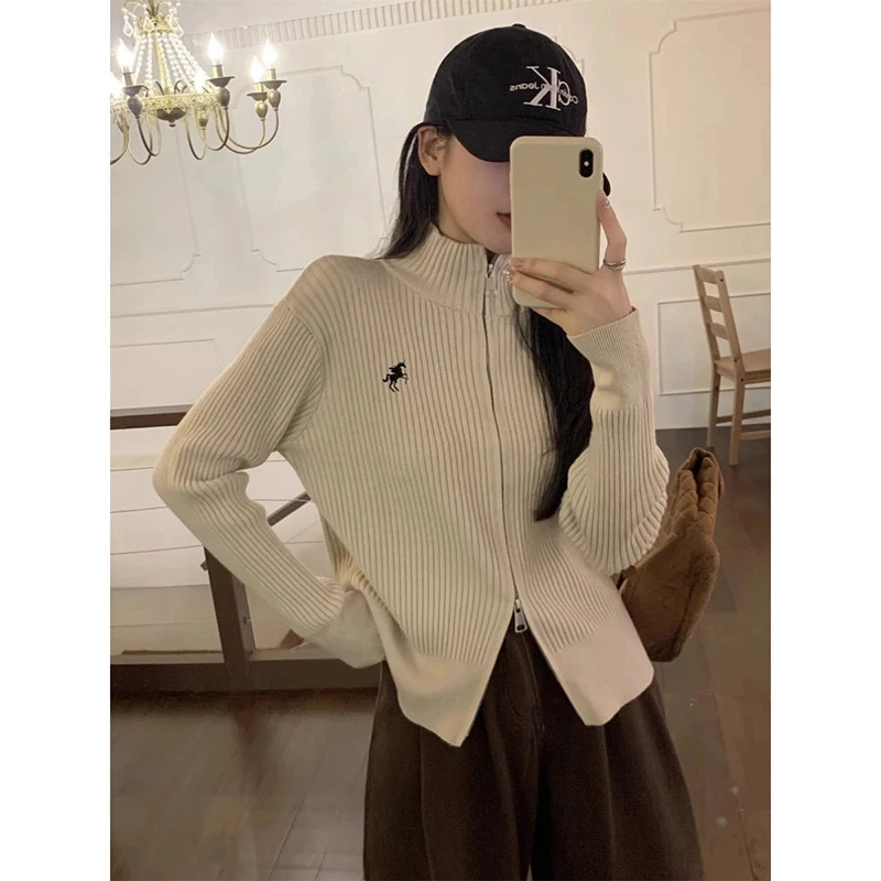 立领双拉链针织毛衣外套女秋冬新款修身显瘦设计感短款长袖上衣服