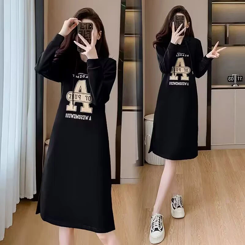 【粉丝专属】中长款连帽卫衣裙女春秋季款宽松显瘦开叉抽绳印花172