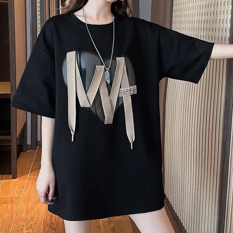 【粉丝专享】棉质夏季女短袖t恤圆领宽松印花中长款百搭上衣女606
