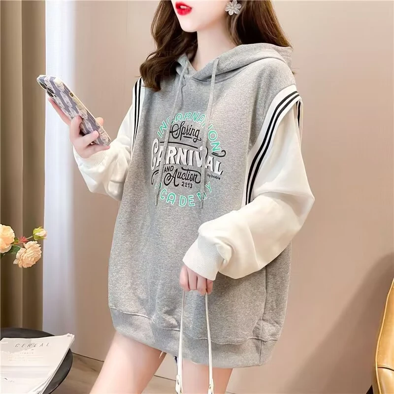 【粉丝专享】连帽卫衣女中长款春秋款宽松假2件韩版大码上衣140