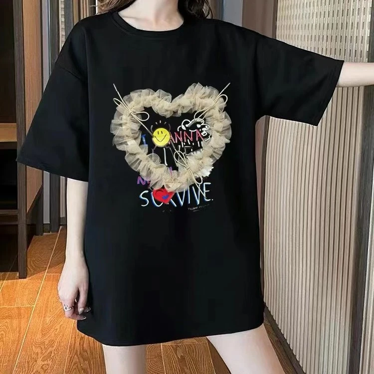 【粉丝专享】棉质夏季女短袖t恤圆领宽松印花网纱中长款上衣女602