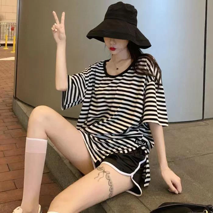 【宠粉专享】夏季短袖t恤女开叉中长款宽松休闲黑白条百搭上衣219