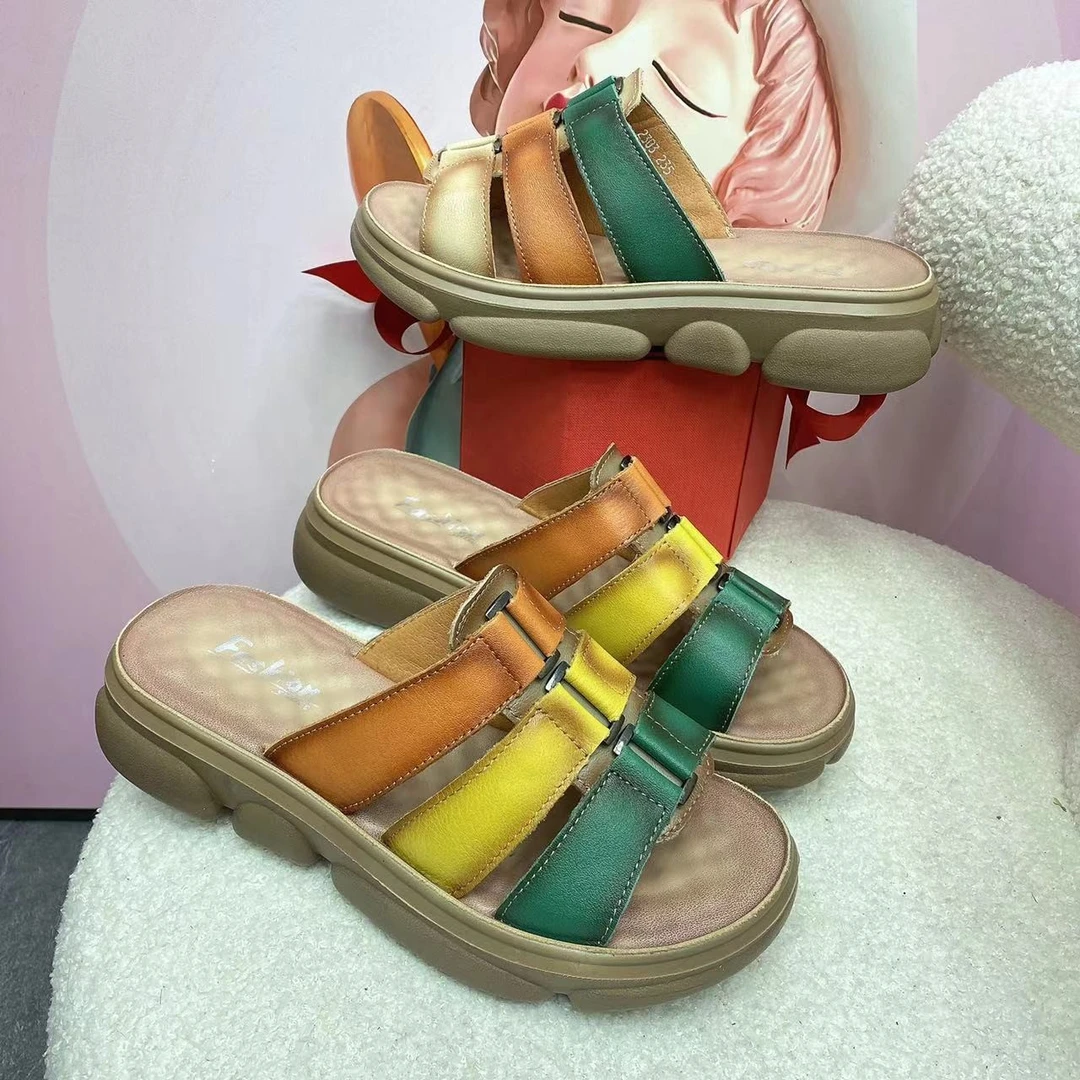 2303松糕厚底半拖鞋女真皮牛皮海边沙滩溶解凉拖