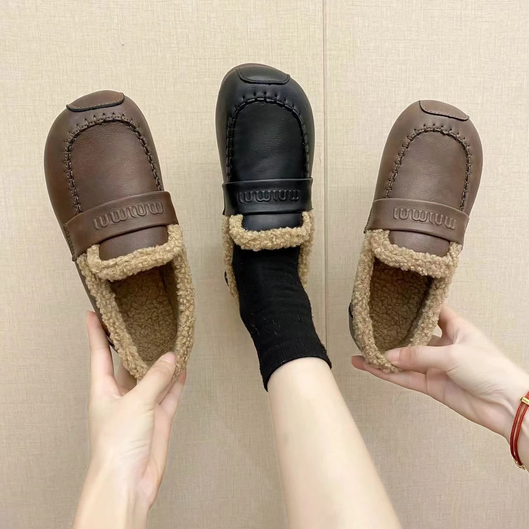 H-87冬季加绒保暖软底软皮休闲百搭棉鞋
