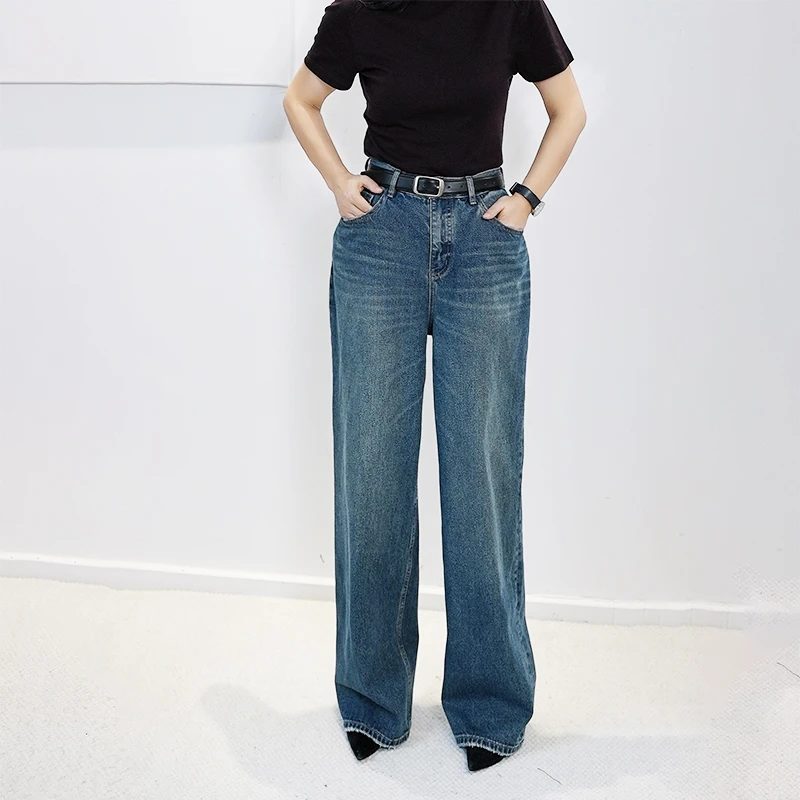 复古蓝阔腿牛仔裤女2024年秋季新款高腰显瘦垂感直筒宽松拖地裤