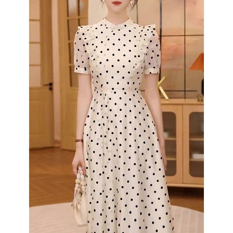 2025夏季新款超仙名媛范气质减龄显瘦A字裙荷叶边波点印花连衣裙