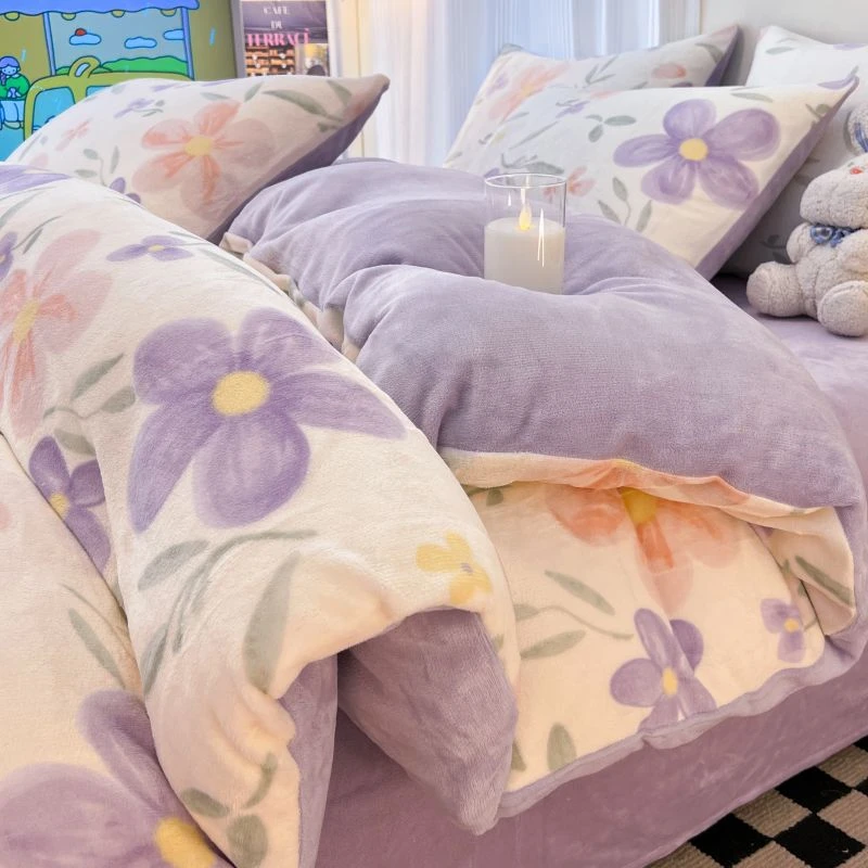 南通家纺秋冬季小清新牛奶绒印花床上四件套保暖加厚被套床上用品