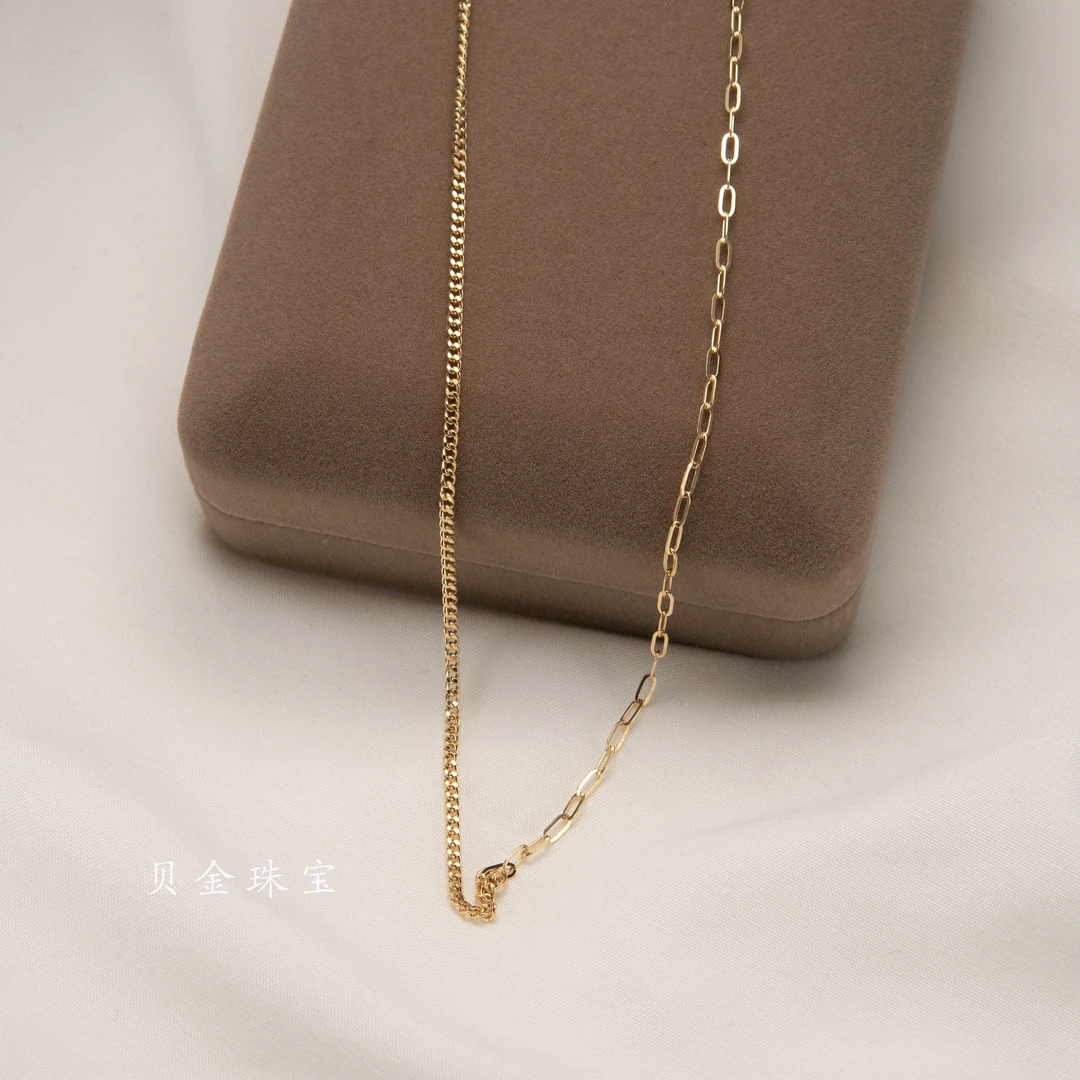 18K金项古巴卡链AB链/女中性风浅金色AB链扁链方格简约侧身链素链