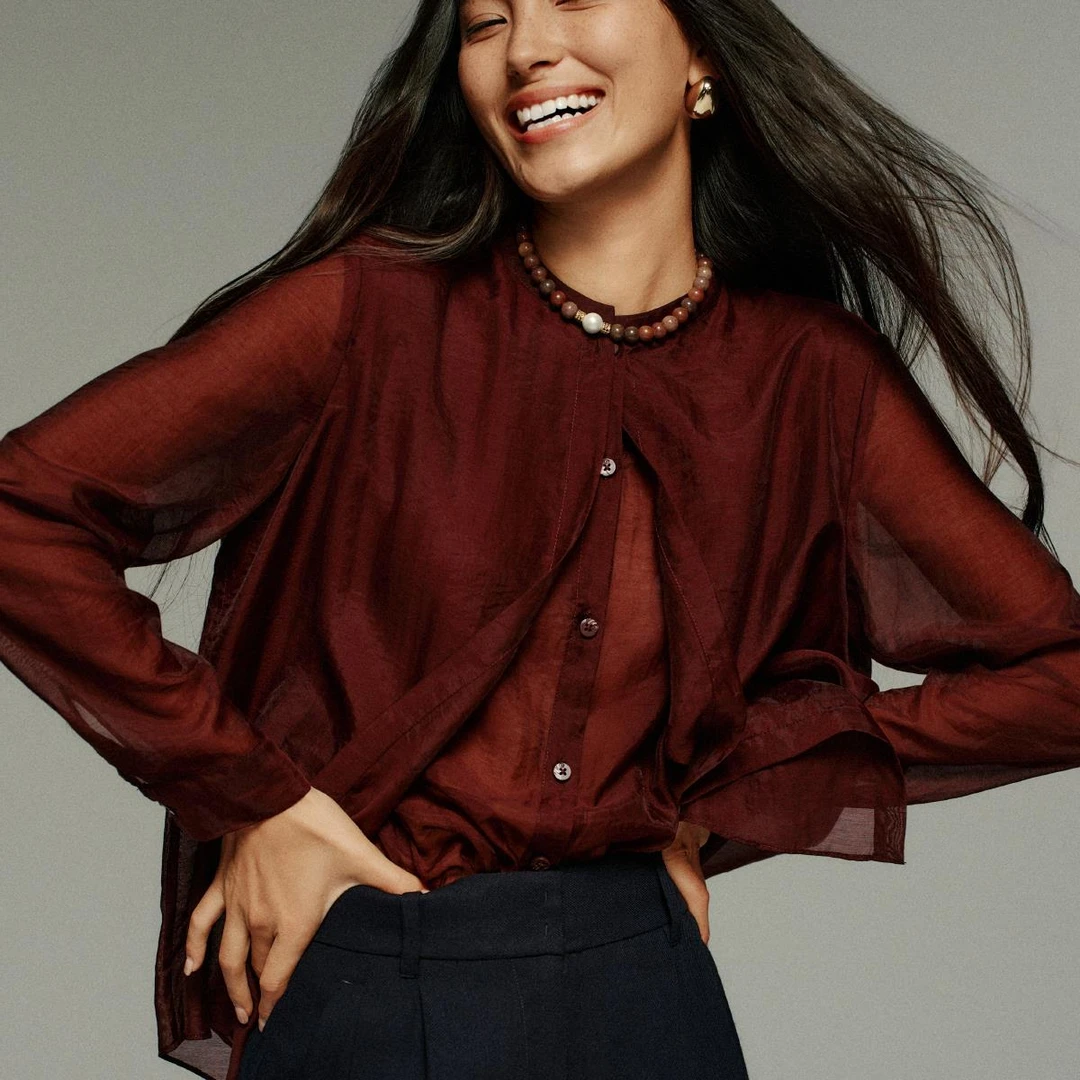 小虫【洛神】植物染系列 复古绛红色假两件小立领套装-T24QSY019