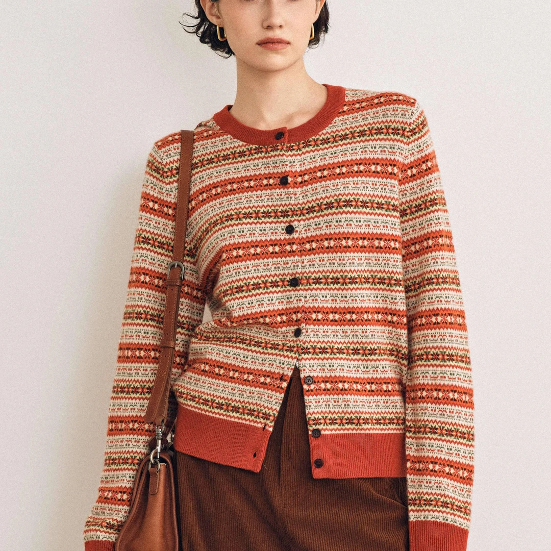 复古费尔岛嵌彩提花粗针100%山羊绒针织衫毛衣-毛衣红色