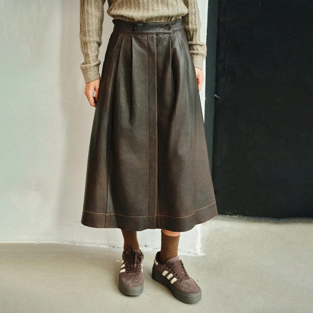 小虫秋冬摩登复古风蜡变纹理山羊皮打褶A字皮裙半身裙-T24QPQ002