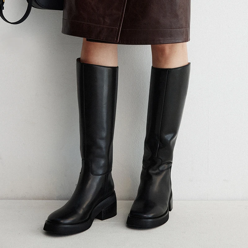 小虫 秋冬小粗腿救星宝藏靴髙档牛皮里真皮防寒长筒靴TD3DXX006