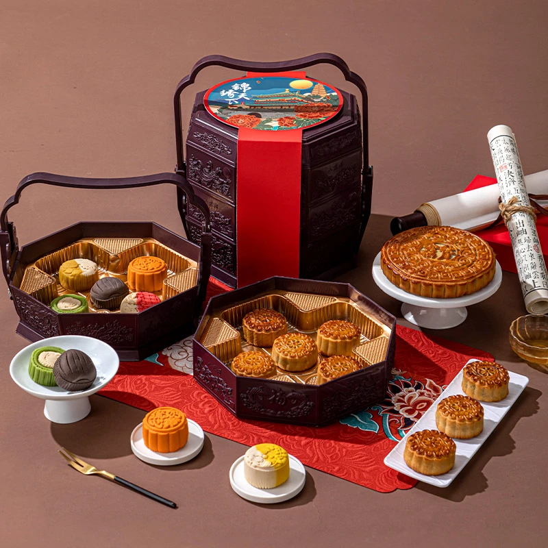 2024新款提篮月饼礼盒装流心奶黄五仁豆沙蛋黄苏广式中秋节送礼品