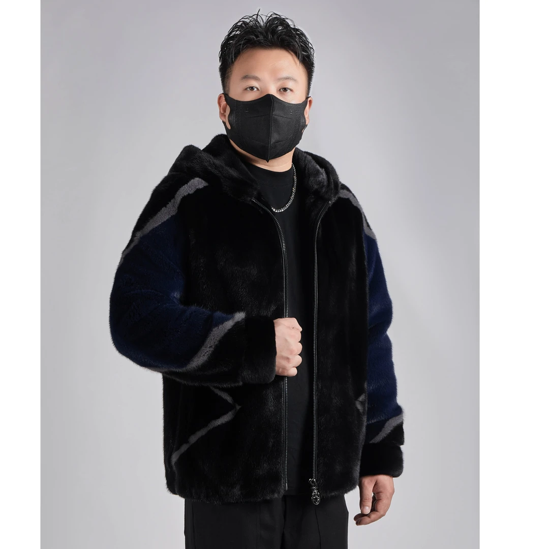 哥尔墨-进口皇冠天鹅绒短二连帽插肩时尚貂皮男士皮草外套秋冬季