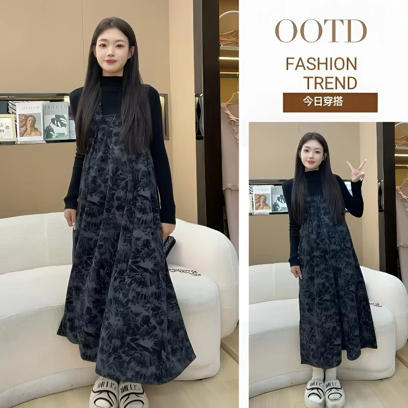 【颜若兮】2024秋冬新款孕妇装上衣打底衫+扎染背带裙洋气