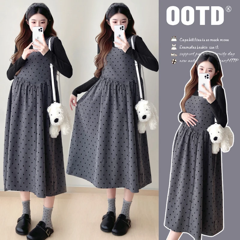 【颜若兮】2024孕妇装秋冬新品波点蝴蝶结连衣裙