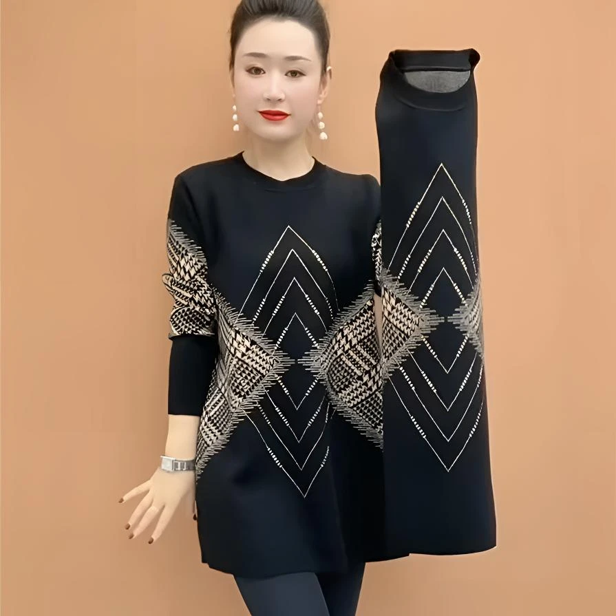 千鸟格显瘦遮肚毛衣中长款秋冬打底新款中年妈妈宽松针织衫大版衫