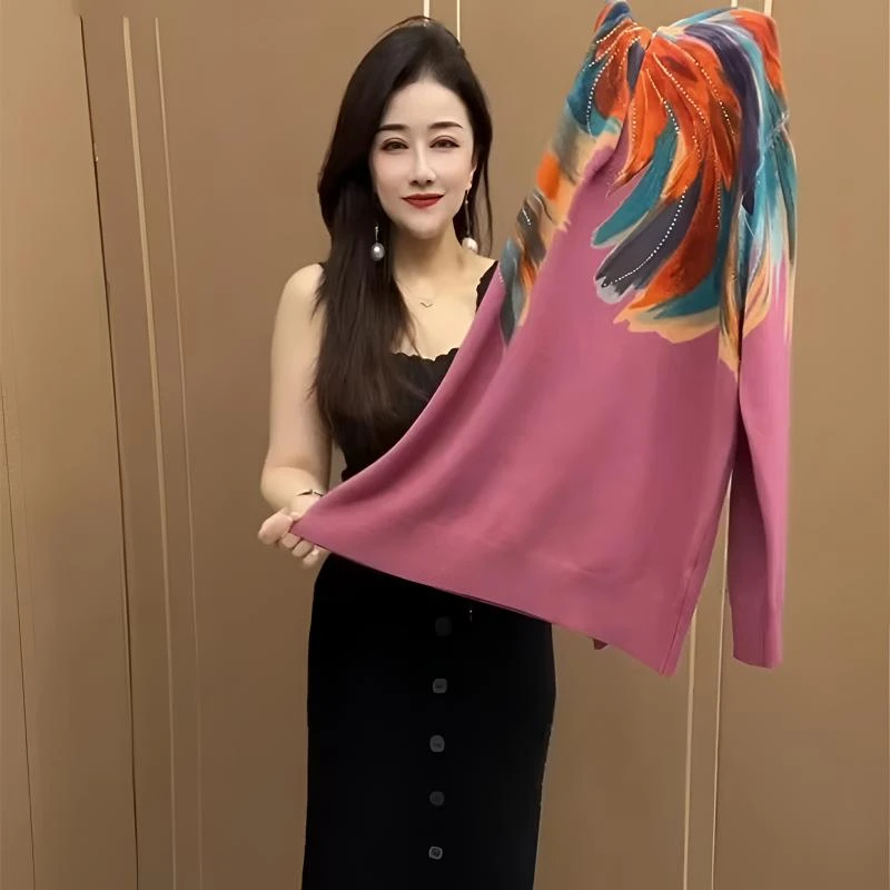 中年妈妈针织衫上衣秋冬新款洋气显瘦上衣印花宽松减龄毛衣打底衫