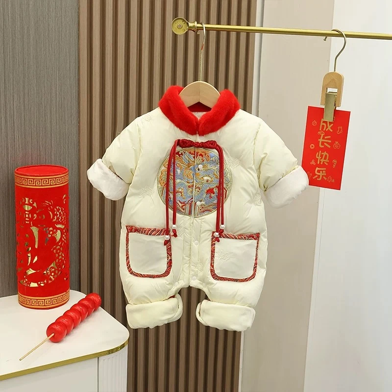 宝宝拜年服婴儿夹棉冬季连体衣国风喜庆周岁礼服满月新生儿衣服