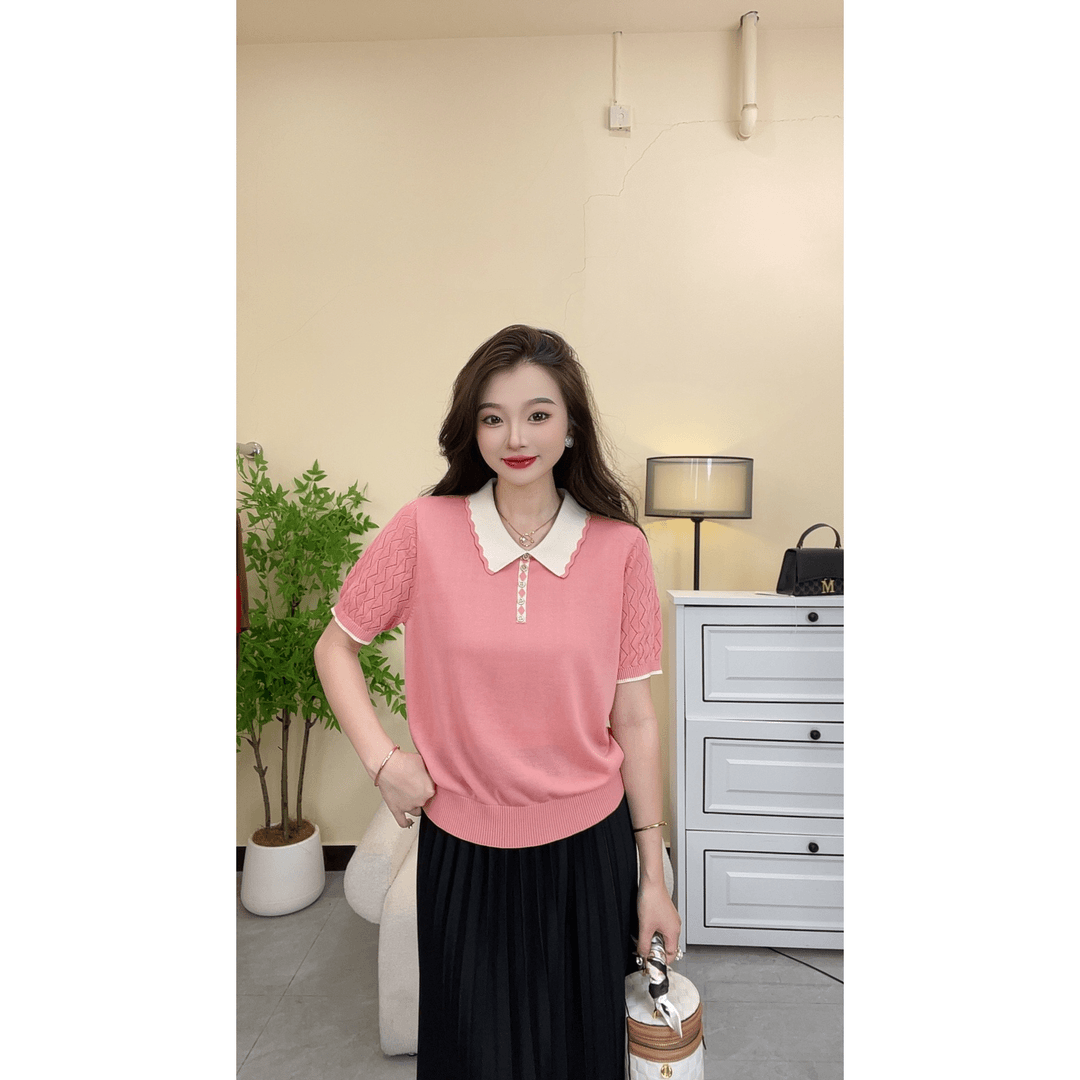 2024新款莱赛尔天丝针织短袖POLO衫V领显瘦款百搭夏季休闲气质