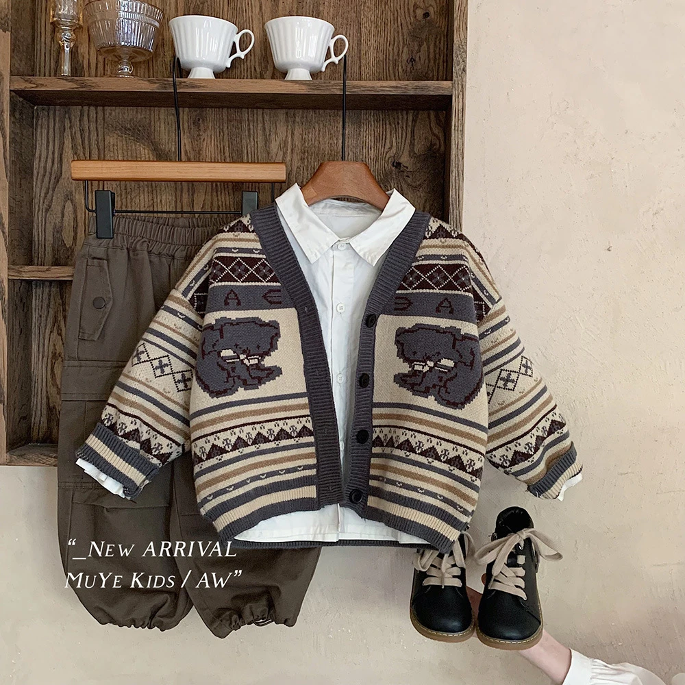 儿童毛衣2024秋季新款童装男童韩版时尚拼色单排扣开衫宝宝外穿潮