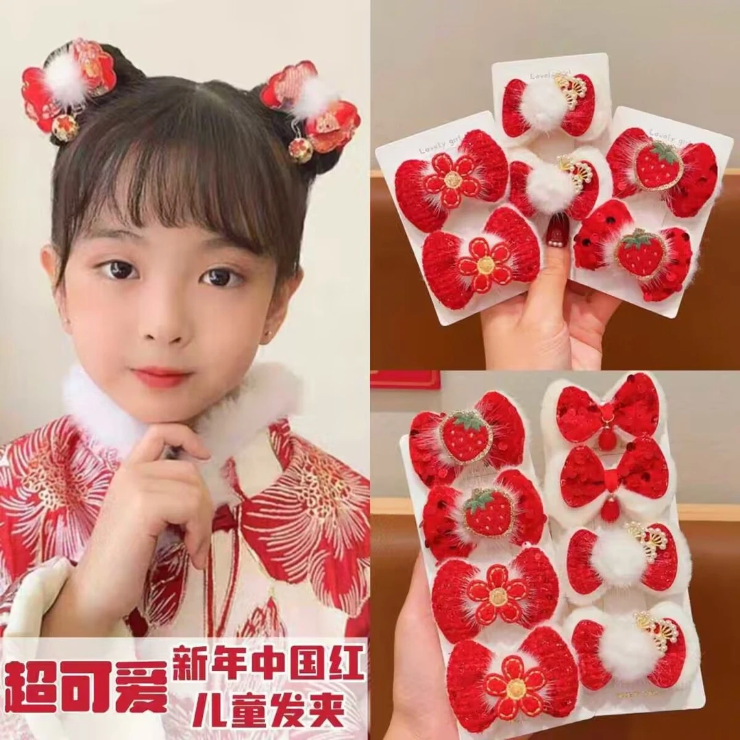 婉之恋新年儿童蝴蝶结发夹过年喜庆小女孩汉服头饰中国红红色夹子