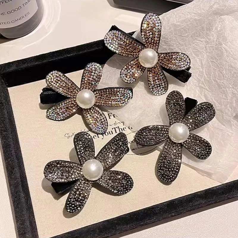 婉之恋高级感水钻花朵发夹新款边夹简约精致刘海夹马尾编发鸭嘴夹