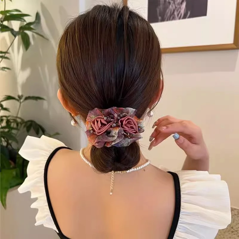 婉之恋混彩双花发圈新款花朵头绳百搭马尾头花复古马尾网纱大肠圈