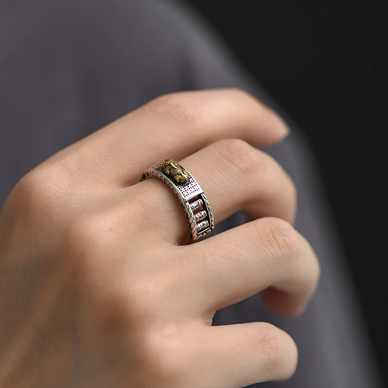 罗泰老银匠 925银戒指 国风貔貅戒指男女款情侣复古六字真言指环