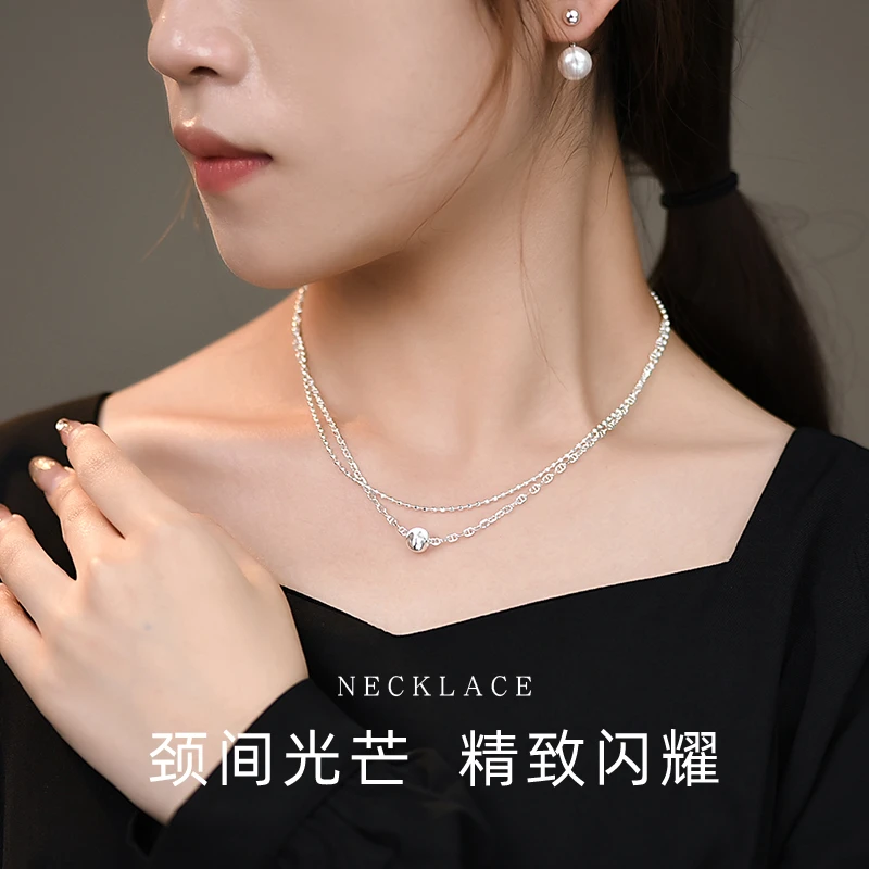 罗泰老银匠 链子925银 双层装饰项链女款轻奢小众银珠叠戴锁骨链