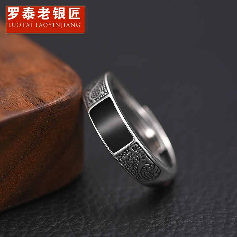 罗泰老银匠 925银戒指 滴油戒指男女款时尚韩版高级感花纹银指环
