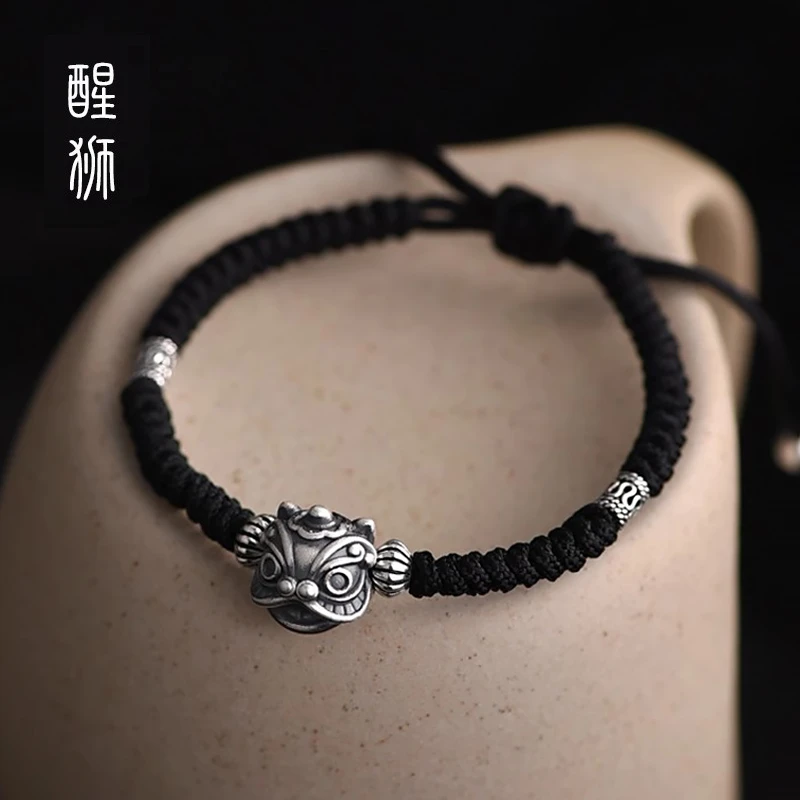 罗泰老银匠 足银手链 999纯银小醒狮手链男女士款情侣新中式手绳