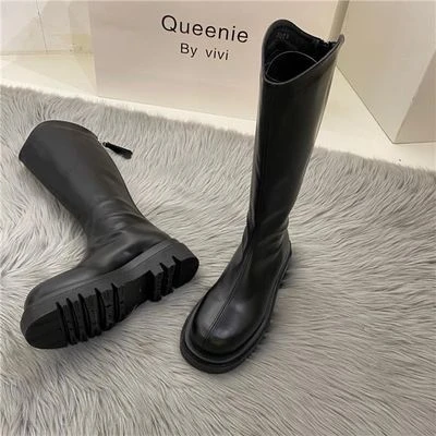 韩版V口长筒靴女2023新款小个子高筒厚底不过膝靴骑士靴瘦瘦靴子