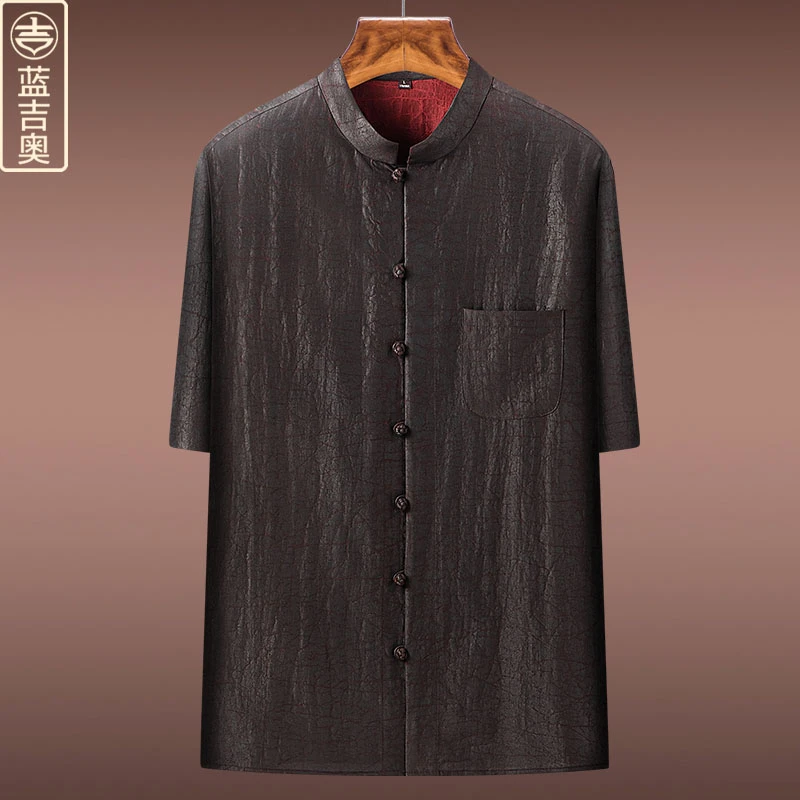 中青年香云纱唐装男夏季短袖真丝桑蚕丝绸上衣中式男装中国风禅服