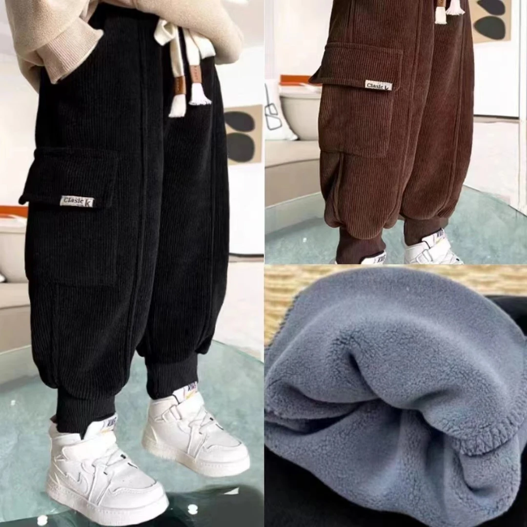 男童裤子新款秋冬儿童加绒工装裤条绒加厚保暖一体绒灯芯绒2023潮
