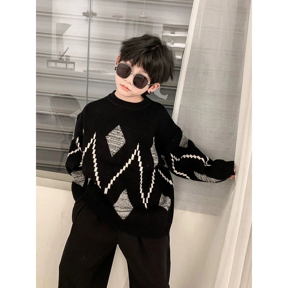 男童套头加绒毛衣秋冬季2023新款儿童菱格针织衫宽松加厚保暖上衣