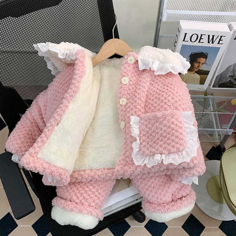 女童睡衣三层夹秋冬季儿童加厚保暖加绒宝宝家居服宝宝冬睡衣