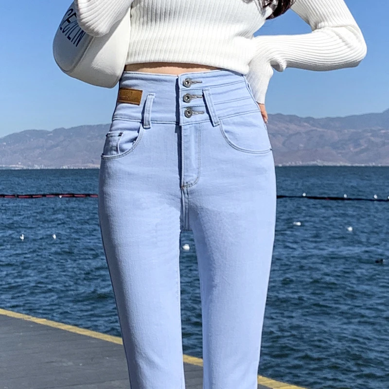 高腰浅蓝色牛仔裤女2025秋季新款牛仔裤九分裤弹力紧身小脚长裤