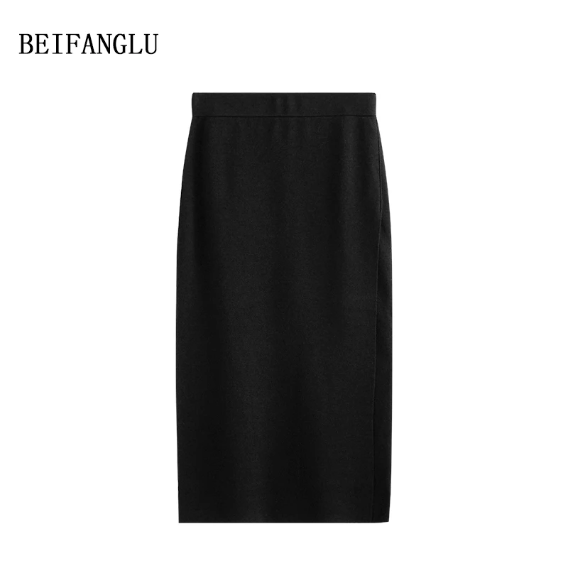 北方鹿 品质髙货！高支精纺羊毛秋松紧腰显瘦开叉包臀针织裙5261