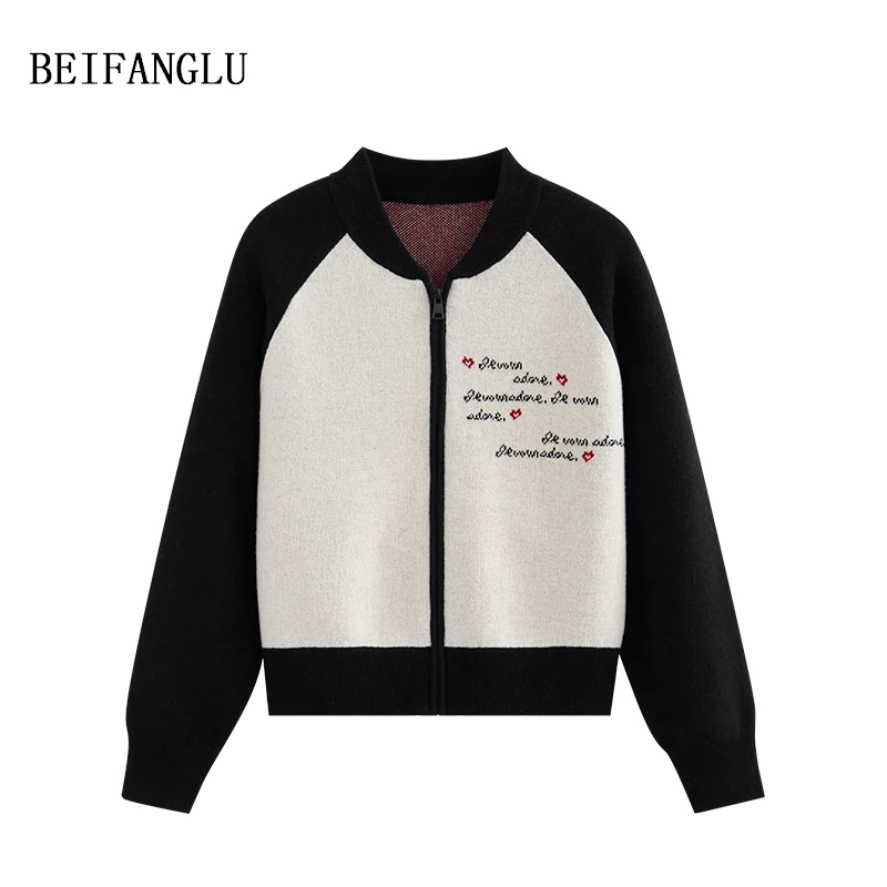 北方鹿【髙货时装秀场款】法式优雅撞色立领拉链羊毛针织开衫6623