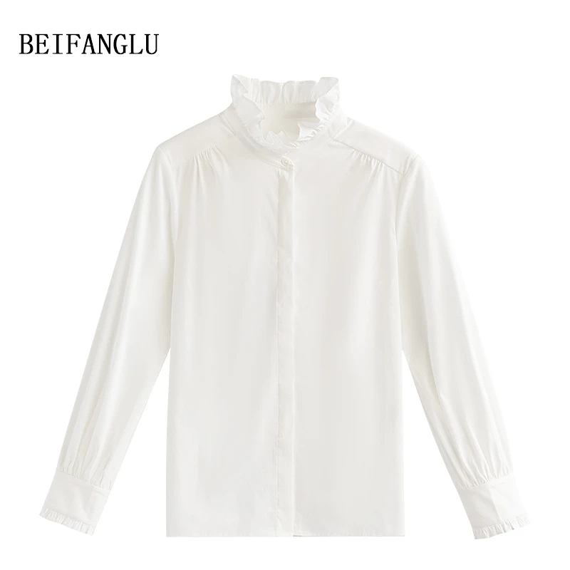 北方鹿 静奢老钱风！早秋法式拉夫领纯色百搭棉混纺长袖衬衫25102