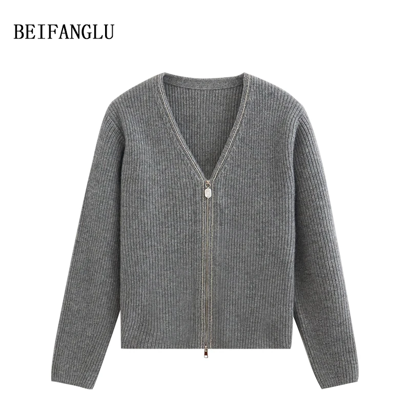 北方鹿【轻奢山羊绒】气质巴洛克珍珠扣V领拉链针织羊绒开衫女6628