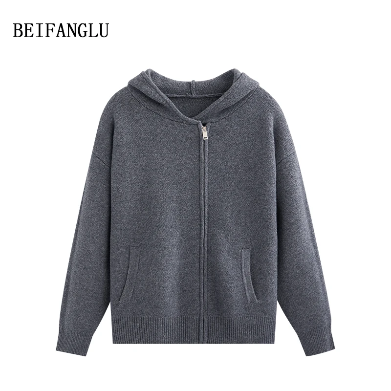 【北方鹿】重磅加厚绵羊毛宽松休闲连帽拉链条纹针织开衫外套1167