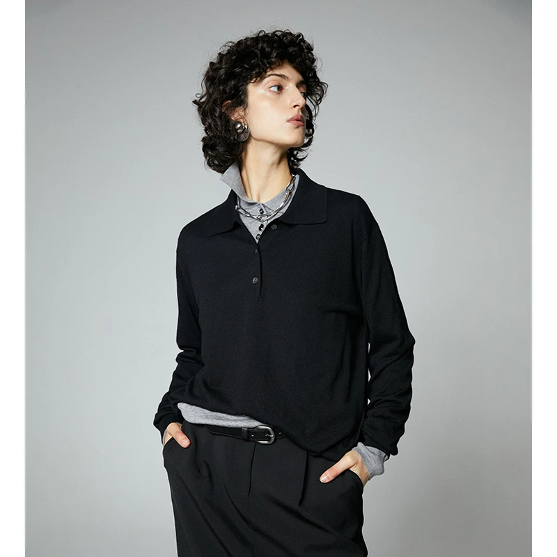 INFFTRU 高级感丝滑柔软丝光绵羊毛针织polo衫女混纺长袖T恤上衣